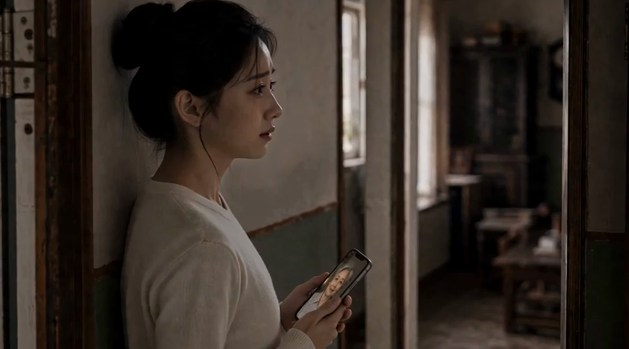 女儿与影像：走廊里戴着耳机、握着手机的女儿侧影