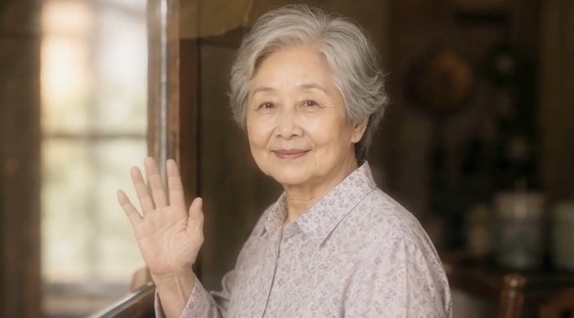 《回声》关键帧：被 AI 影像修复复原的母亲，暖光中回身微笑挥手