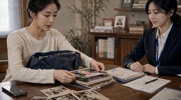 委托修复：女儿摊开旧照片，与 AI 影像修复服务人员对坐