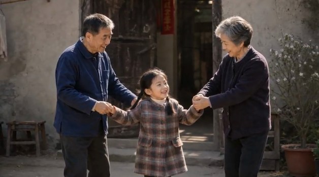 院中团圆：阳光院子里，祖父母牵着小女孩的手