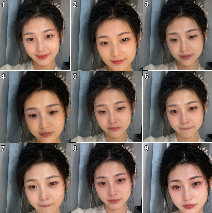 《复杂情绪依次转换》3×3 九宫格微表情分镜：1→9 从含笑迟疑到眼眶泛红、含泪释怀