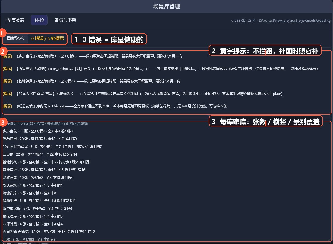 真实截图 · 场景库体检:0 错误 + 逐库家底统计(plate数/竖横/景别覆盖)