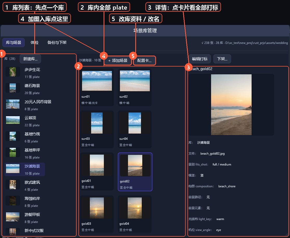 真实截图 · 场景库自助管理窗:库列表 / plate 网格 / 结构化打标详情(带标注)
