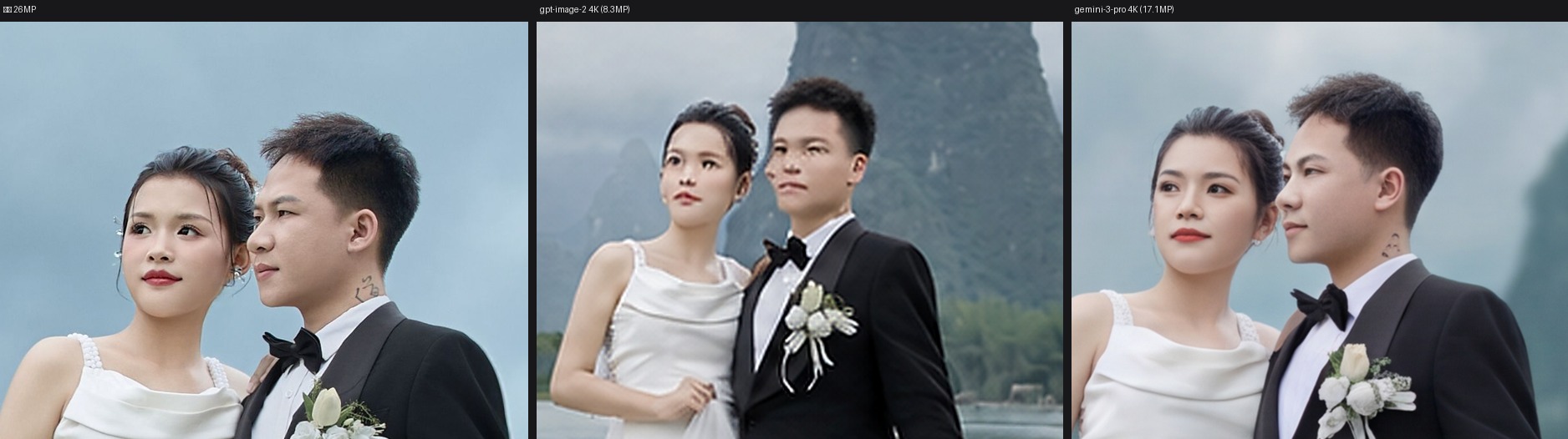 人脸三联对比:原片 vs gpt-image-2 4K vs gemini-3-pro 4K